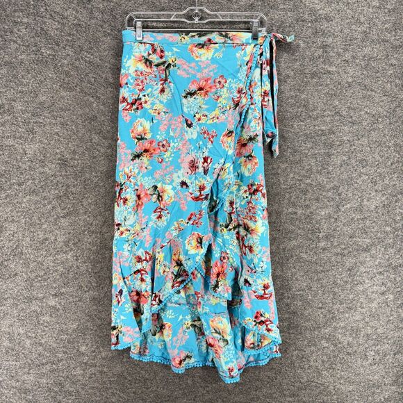 Angie Wrap Skirt Women M Mediumm Blue Floral Midi Tasseled Tie Up Mid Rise Rayon - Picture 1 of 7